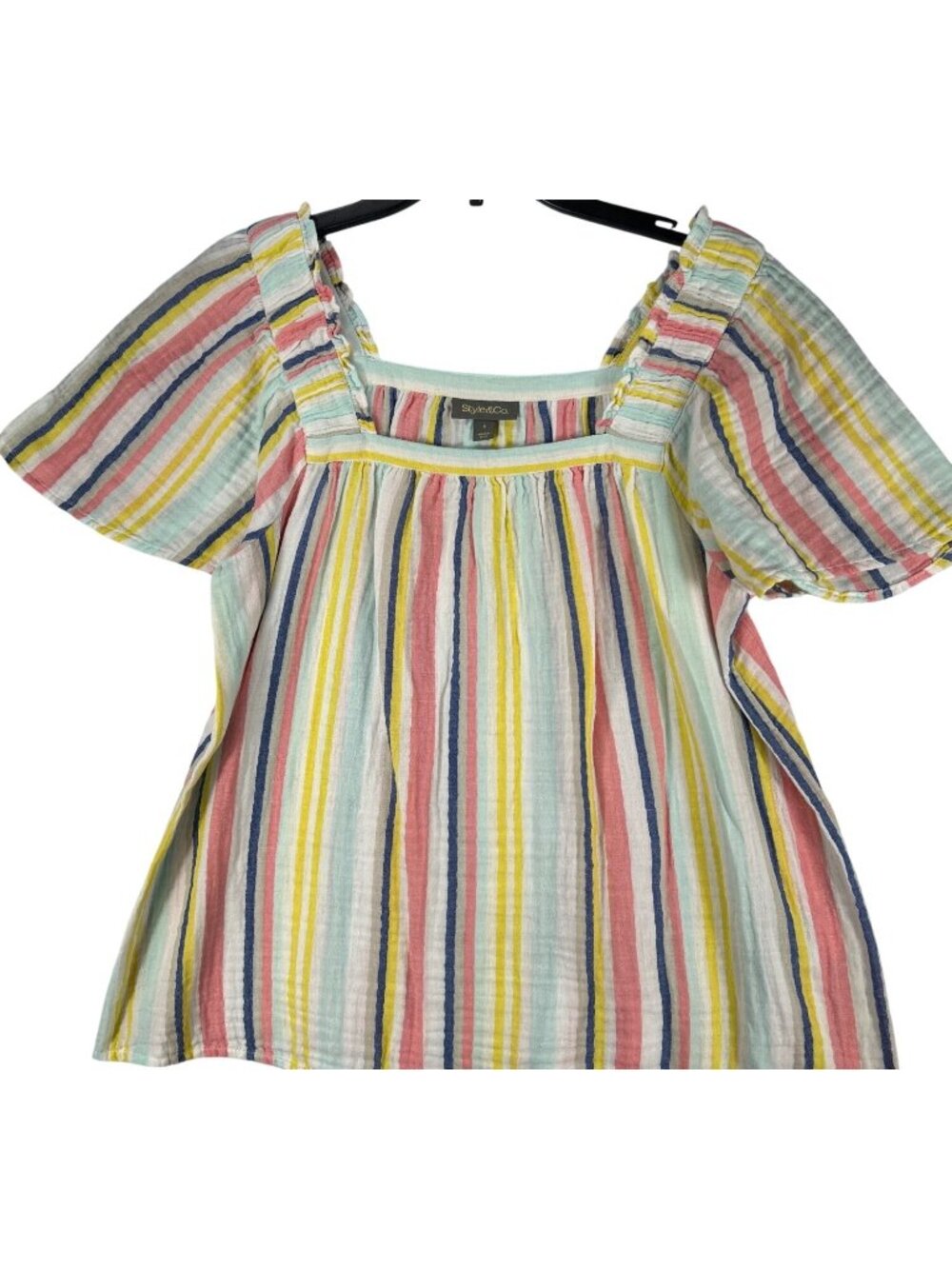 Style & Co Womens Small Striped Gauze Camp Shirt  Short Sleeve Multicolor
